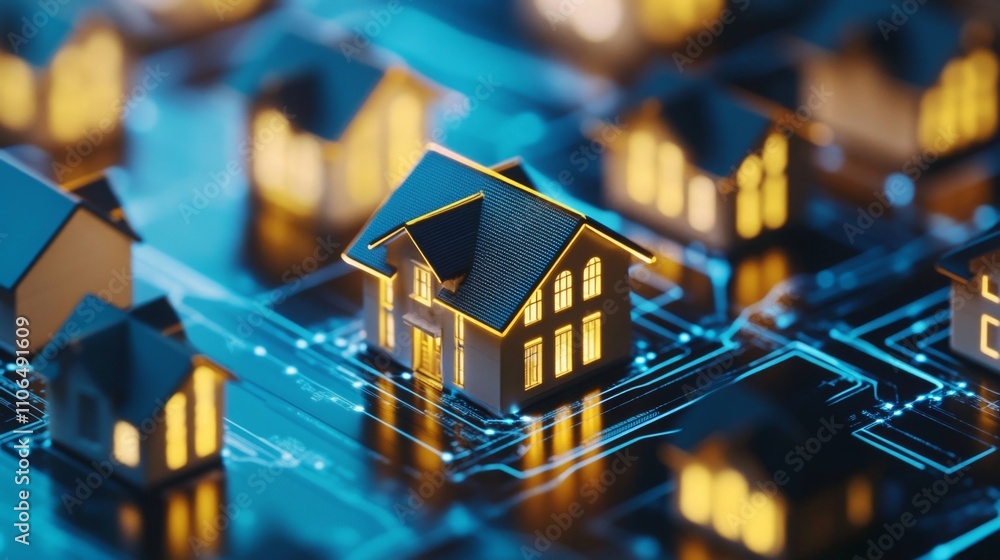 Aufkleber digital circuits showcase illuminated houses, symbolizing the fusion of technology and real estate.