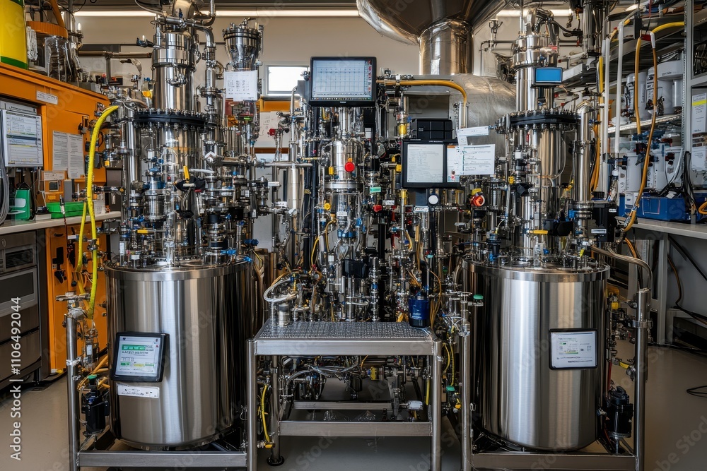 Poster industrial laboratory setup with advanced machinery and equipment for chemical processing, featuring