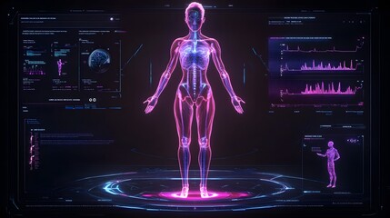 Holographic female body with health data overlay.