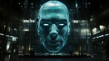 Holographic human head displayed in a glass enclosure within a futuristic facility.