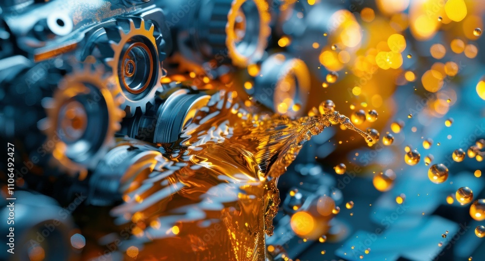 Poster vivid close-up of metallic gears with flowing oil, highlighting the intricate mechanics and dynamic 