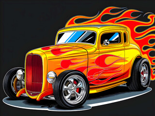 A colorful illustration of a classic muscle car engulfed in flames.