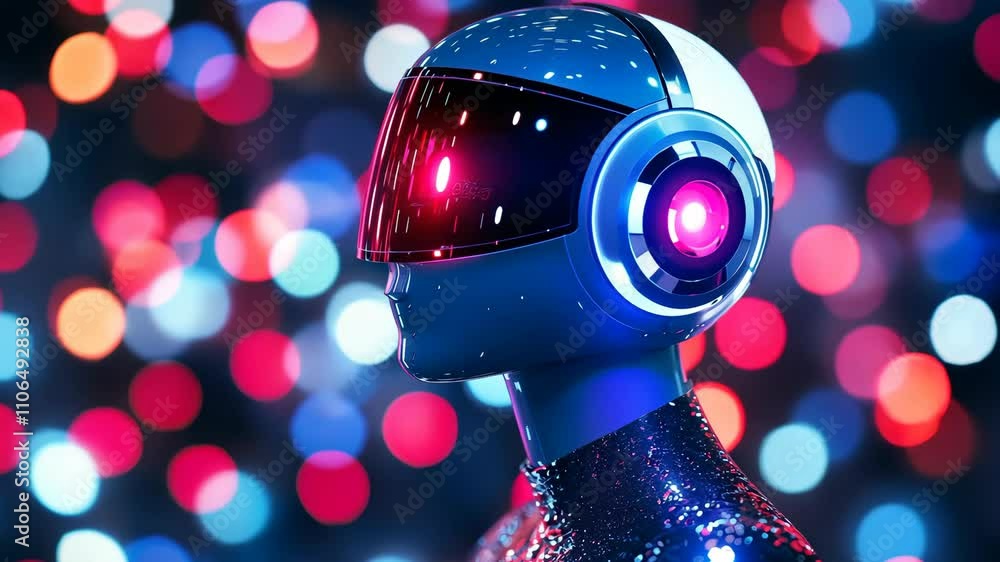 Poster futuristic robot face illuminated by colorful lights in a vibrant setting during a nighttime event