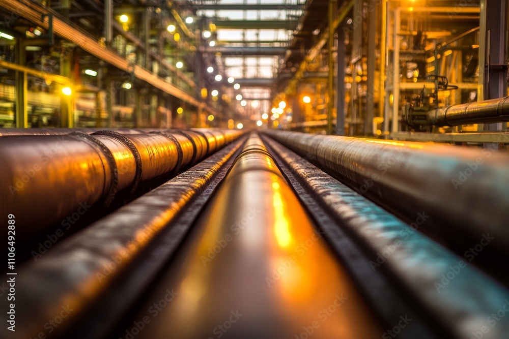 Poster industrial pipes and machinery in a manufacturing facility with warm lighting and depth of field cre