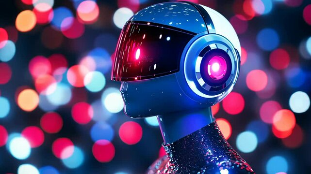 Futuristic robot face illuminated by colorful lights in a vibrant setting during a nighttime event