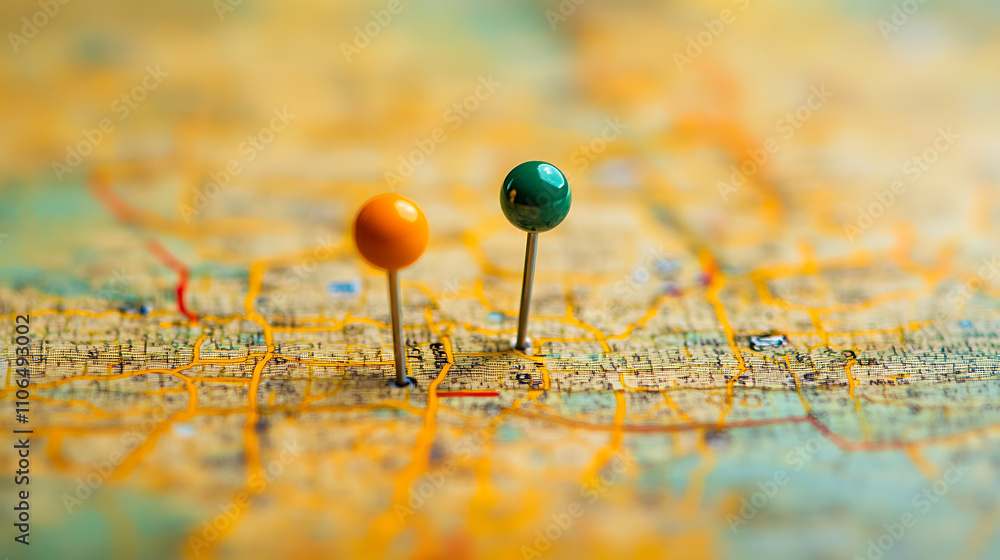 Poster A detailed map displaying a specific location marked with two vibrant pins, symbolizing the starting and destination points in a GPS navigation system used for efficient route planning and guidance