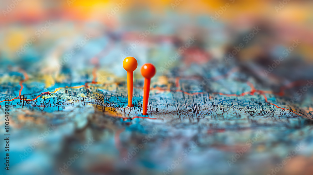 Poster A detailed map displaying a specific location marked with two vibrant pins, symbolizing the starting and destination points in a GPS navigation system used for efficient route planning and guidance