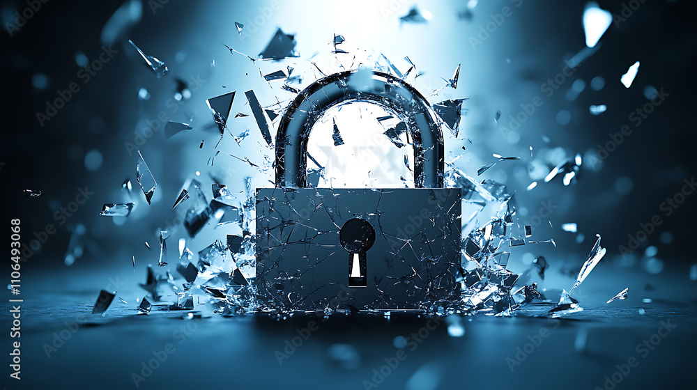 Poster A digitally rendered image of a shattered padlock symbolizing compromised security, representing concepts of data breach, information vulnerability, and the fragility of digital protection