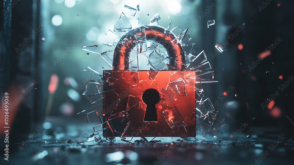 Poster a digitally rendered image of a shattered padlock symbolizing compromised security, representing con