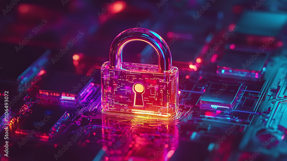 Poster A digital padlock symbolizing cybersecurity and the protection of sensitive data in a technological context, emphasizing the importance of secure information storage and safety measures