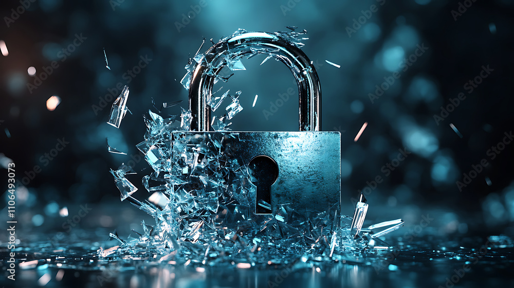 Poster A digitally rendered image of a shattered padlock symbolizing compromised security, representing concepts of data breach, information vulnerability, and the fragility of digital protection