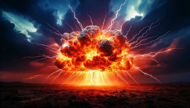large dramatic explosion with lightning bolts