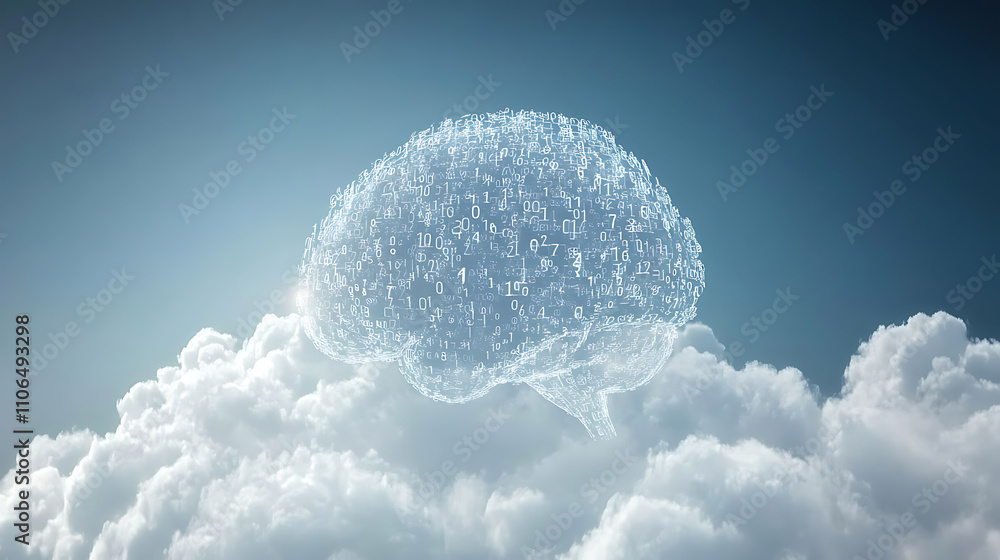 Poster A digital brain floats within a cloud of numerical information, illustrating the concepts of Big Data and artificial intelligence