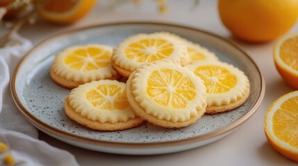 Fresh Lemon Cookies on Plate Surrounded by Citrus Fruits and Flowers
