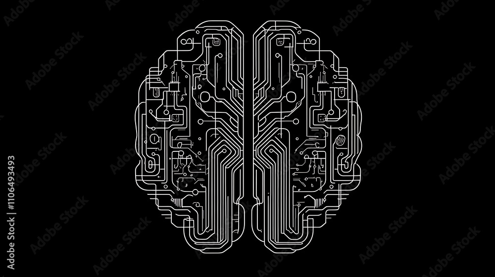 Poster An outline top-view illustration depicts a circuit board shaped like a brain, representing the cyber brain concept and serving as an icon for artificial intelligence
