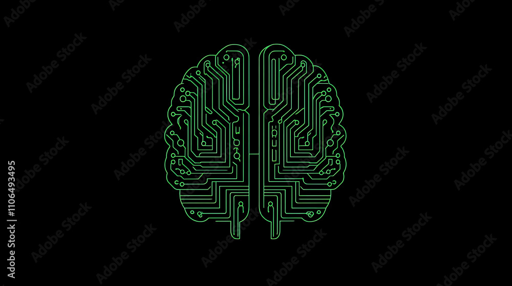 Poster An outline top-view illustration depicts a circuit board shaped like a brain, representing the cyber brain concept and serving as an icon for artificial intelligence