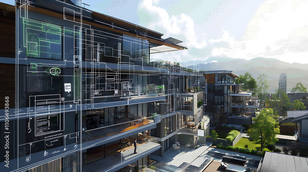 Poster a 3d model of a contemporary, sustainable apartment complex featuring blueprints and energy-saving d