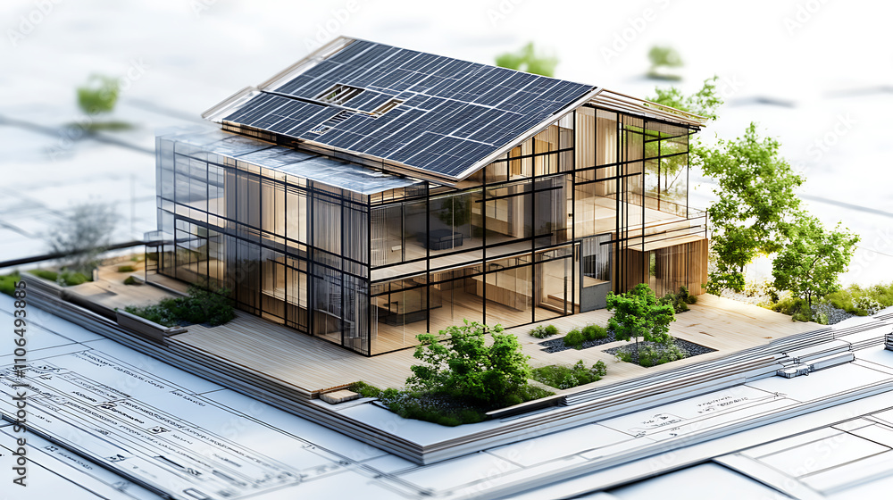 Poster 3D creation of a sustainable building architecture model with plans, energy efficiency tables and other documents