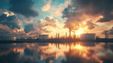 Fototapeta premium Tranquil Sunset over Industrial Refineries with Water Reflection