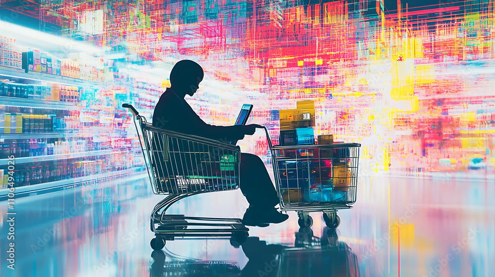 Poster a digital representation of online shopping and e-commerce, showcasing a user making purchases over 