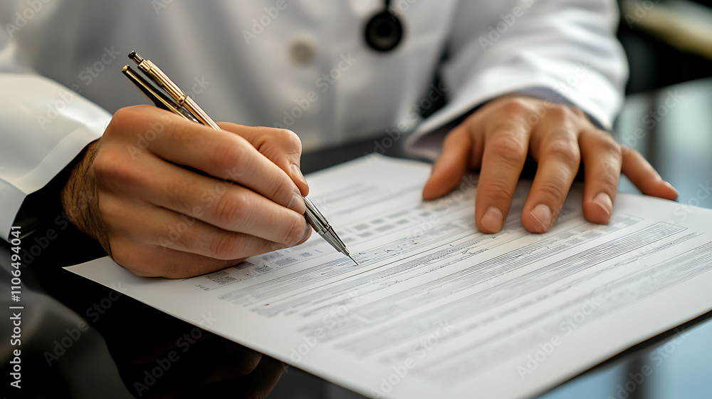Poster A medical practitioner reviews comprehensive medical data on paper that has been enhanced with digital data visualization, indicating contemporary medical analysis