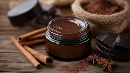 Chocolate skin care, Cosmetic jar with cocoa, lotion and serum, cinnamon sticks, chocolate, anise on rustic wooden background