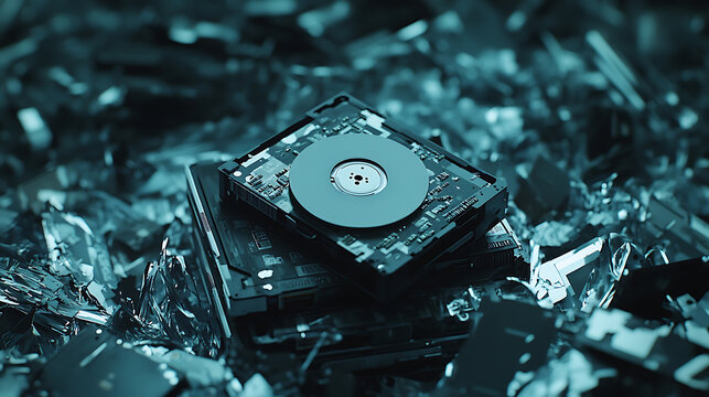 A hard drive placed atop a stack of shredded hard drives