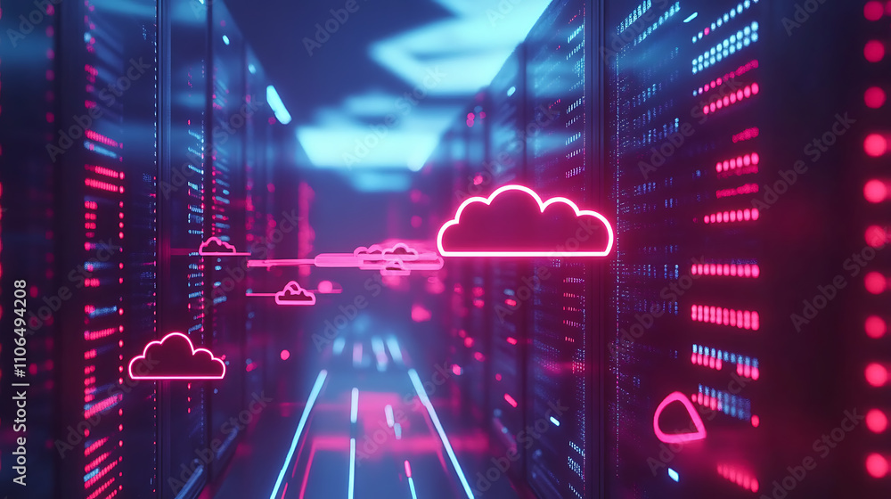 Poster Cloud storage technology, with arrows indicating data transfer for downloading and uploading files to a secure online server
