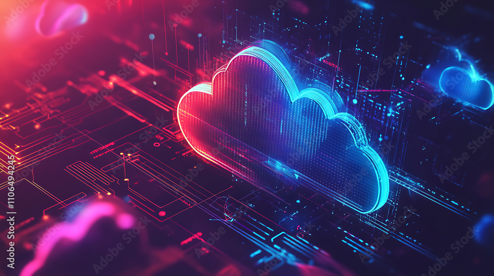 Poster Cloud storage technology, with arrows indicating data transfer for downloading and uploading files to a secure online server