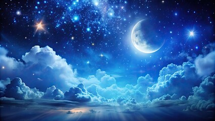 Naklejka premium Abstract glowing peaceful background with blue night sky, moon, stars, and beautiful clouds, Peaceful, Abstract, Glowing, Background