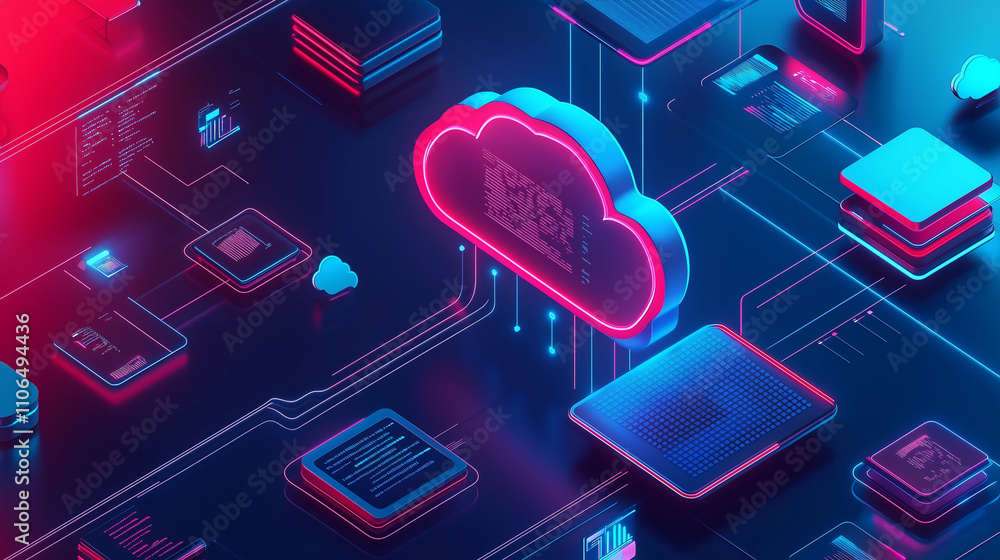 Poster abstract 3d illustration depicting a cloud computing system. neon cloud icon connected to various di
