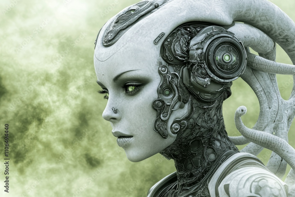Poster intricate futuristic female android with mechanical features and alien elements against a soft-focus