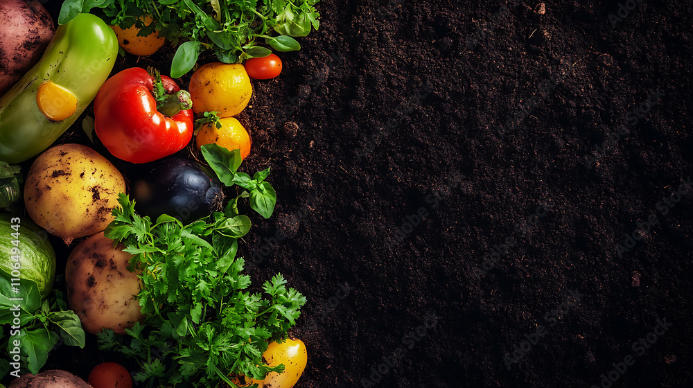 Poster Compost and composted soil in the form of a compost heap from rotting kitchen scraps with fruit and vegetable scraps processed into organic soil for fertilizer as a composite