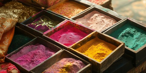 Fototapeta premium Vibrant Holi Powder Colors in Wooden Boxes - Festive Indian Market Sta