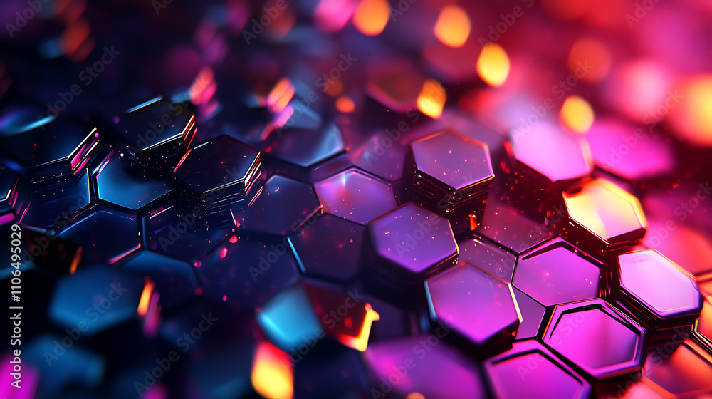 Poster geometric hexagons form the backdrop for an abstract representation of medicine and science concepts