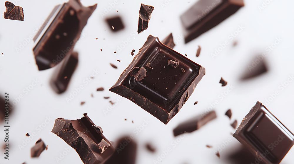 Poster close-up image of pieces of dark chocolate falling on a white background