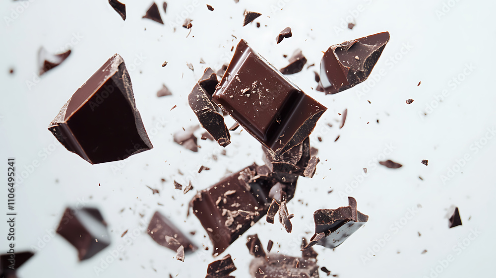 Poster close-up image of pieces of dark chocolate falling on a white background