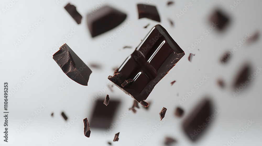 Poster close-up image of pieces of dark chocolate falling on a white background