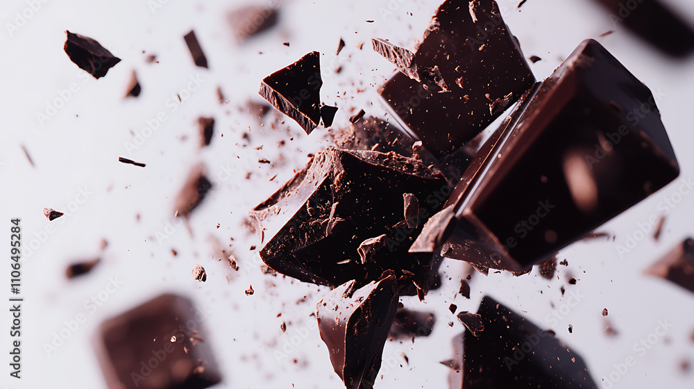 Poster close-up image of pieces of dark chocolate falling on a white background