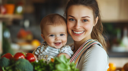 A mother holding her baby in her arms while carrying a shopping bag filled with healthy food and vegetables for cooking homemade organic meals at home embodies the essence of family, nutrition, and we