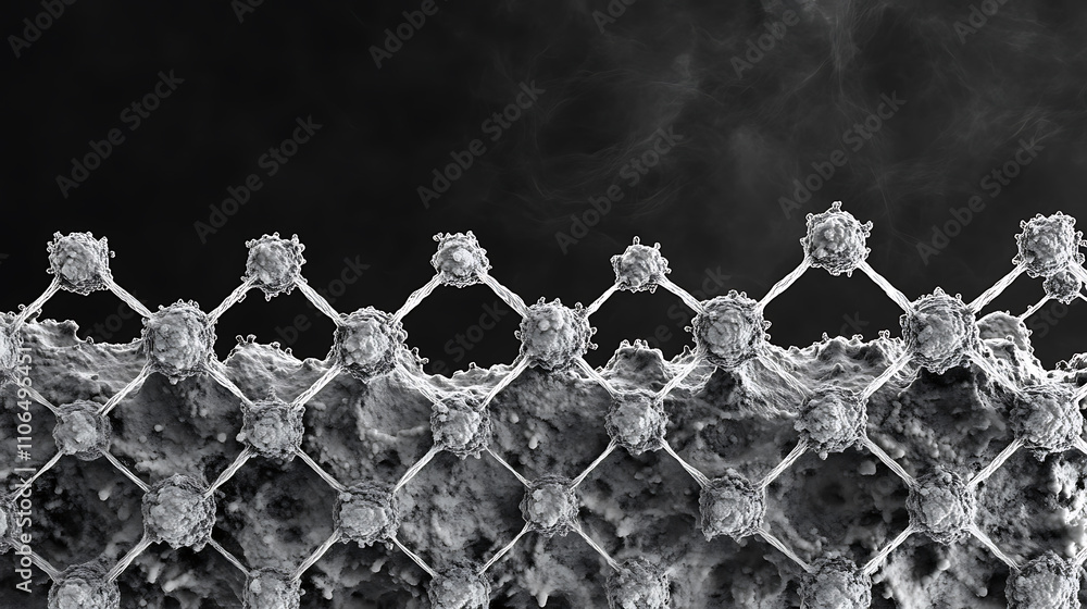 Poster illustration depicting the atomic structure of graphene, serving as a background for nanotechnology 