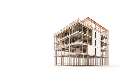 Construction of a building against a white backdrop, 3d illustration