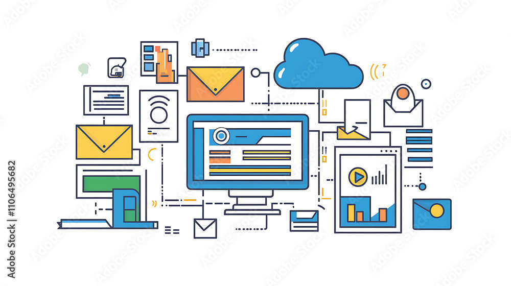 Poster Process of business digitization, with data being transferred and uploaded to a cloud server for storage and remote access