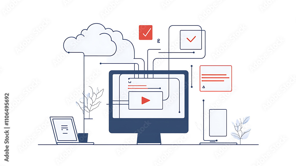 Poster Process of business digitization, with data being transferred and uploaded to a cloud server for storage and remote access