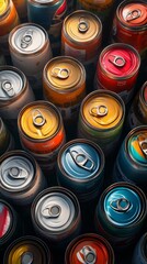 Fototapeta premium Background of multiple sealed food cans. canned food. Ultra realistic. Photorealistic hypermaximalist advertising photography hyper realistic fine detail