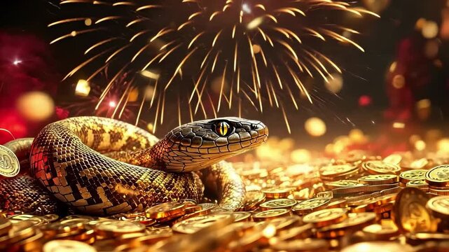 Majestic snake coiled on gold coins with fireworks in background celebrating chinese new year abundance concept