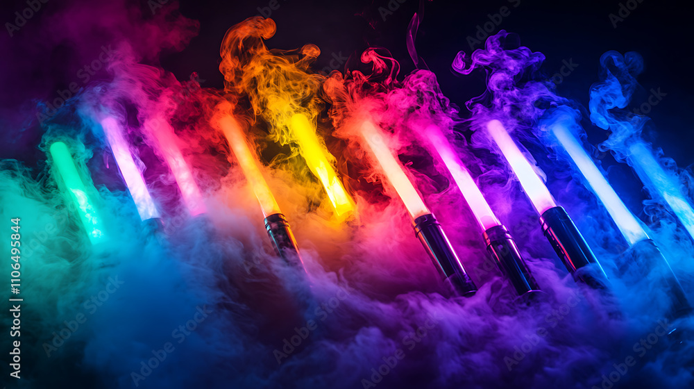 Poster neon smoke clubs in multicolored hues creating an abstract and psychedelic visual effect for creativ