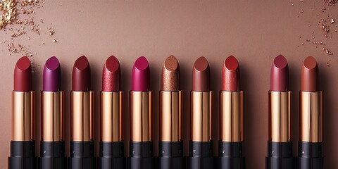 Obraz premium Ten Elegant Lipsticks Aligned on Brown Background - Rose Gold Accents