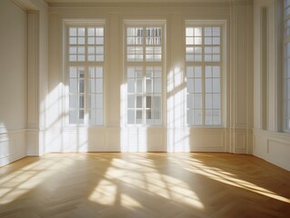 Sunlit Empty Gallery with Large Paned Windows - Classic Interior Desig