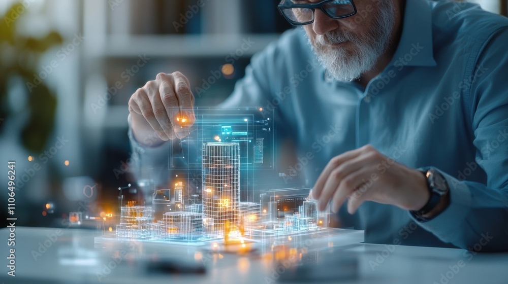 Poster innovative engineer designing a futuristic skyscraper using holographic technology in an urban offic